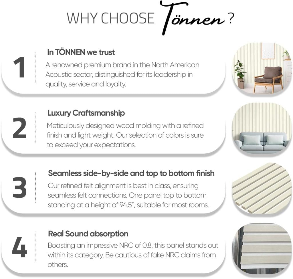 Tönnen Luxury Acoustic Wood Slat Panels | 2pack | 94x11x0.8″ each | Premium Interior Wall Décor (French White)